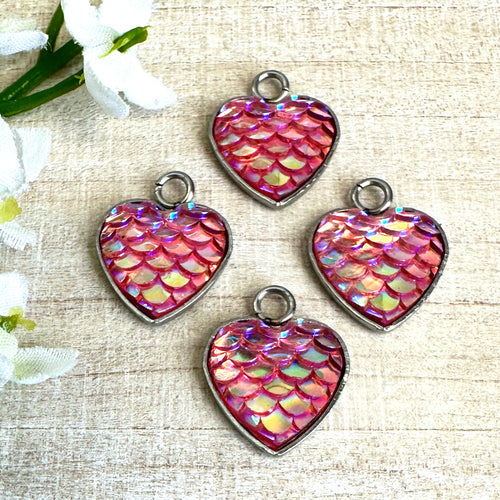 Hot Pink Mermaid Scale Heart Charm 16x13mm - 4 Pieces