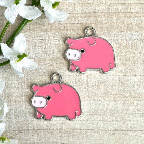 Enameled Pink Pig Charm 19.4x18.4mm - 2 Pieces