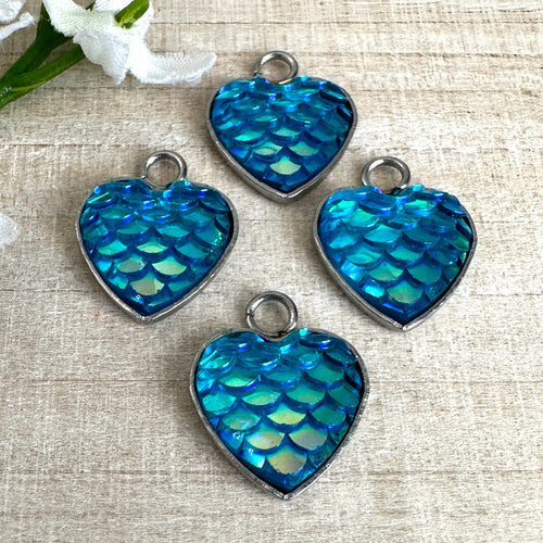 Aqua Blue Mermaid Scale Heart Charm 16x13mm - 4 Pieces