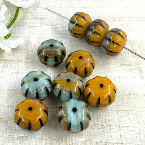 8x11mm Pumpkin Orange, Brown, and Pale Sea Green with Black Wash