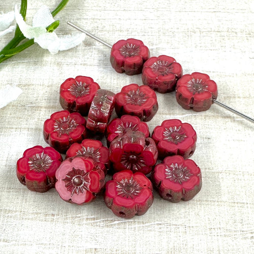 8mm Table Cut Hibiscus Opaque Red with Dark Metallic Grey Wash