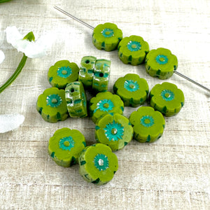 8mm Table Cut Hibiscus Avocado Green with Turquoise Wash and Luster Finish