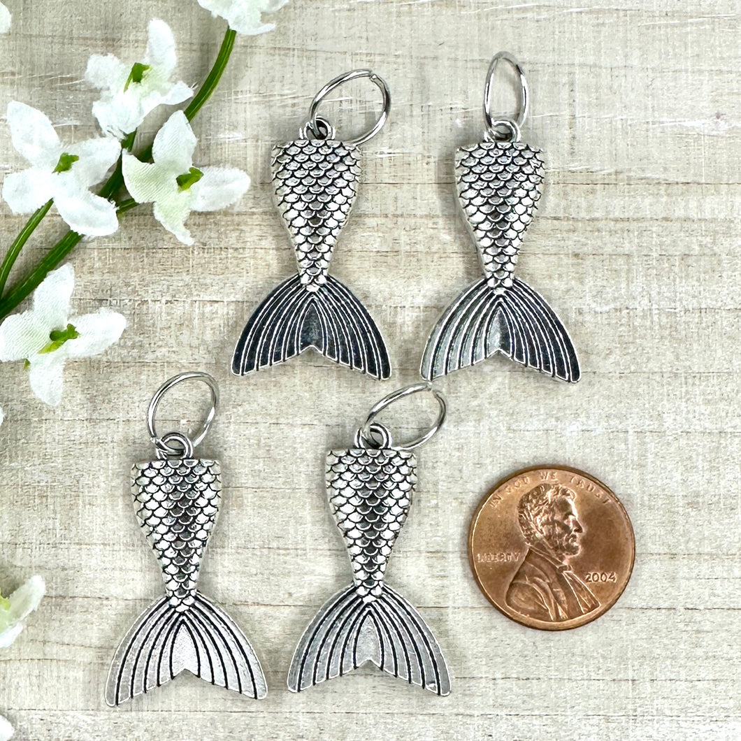 Antique Silver Mermaid Tail Charm - 4 Pieces