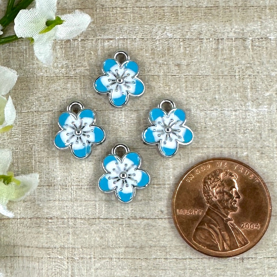 Double Sided Light Blue Enameled Flower 12x10mm Charm - 4 Pieces