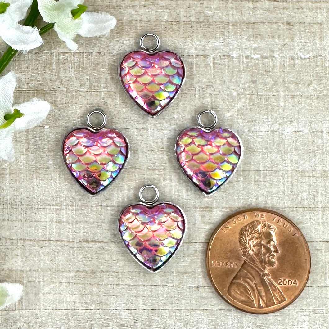 Pink Mermaid Scale Heart Charm 16x13mm - 4 Pieces