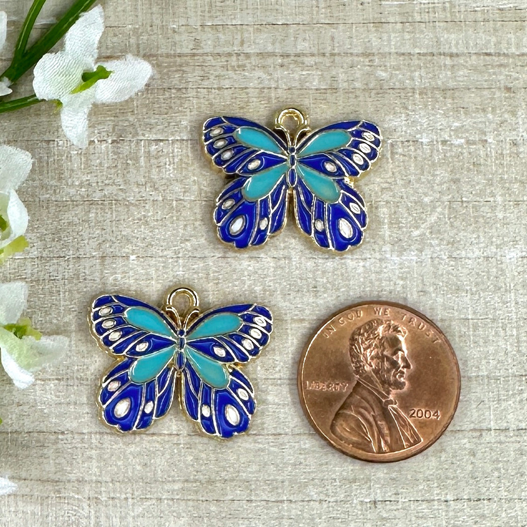 Blue Enameled Butterfly 22x18mm Charm - 2 Pieces