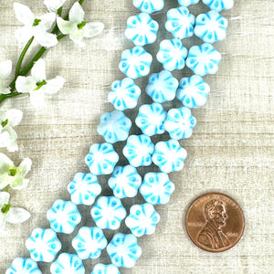 11mm Folklore Flower Matte White with Aqua Blue Wash