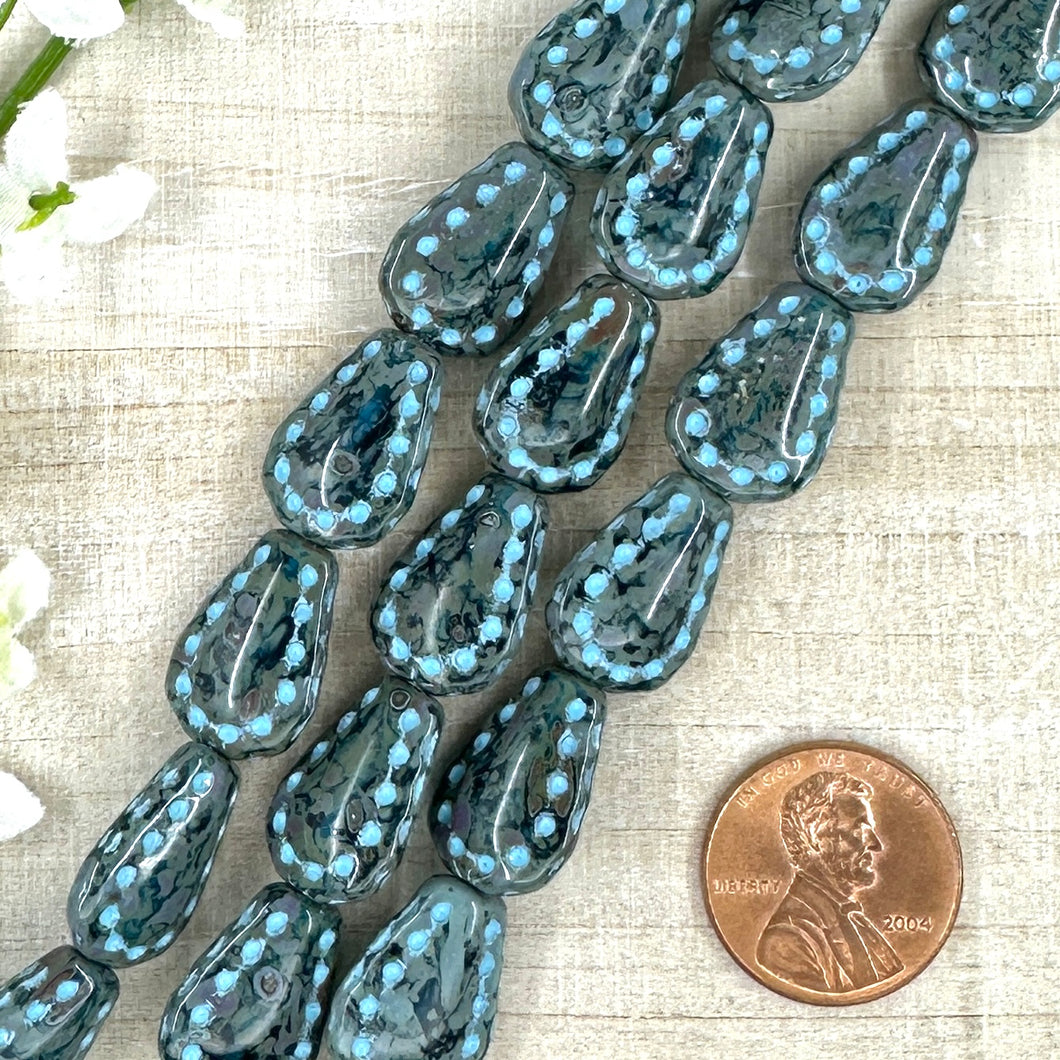 17x12mm Lacy Teardrop Transparent Teal with Picasso Finish and Light Blue Wash