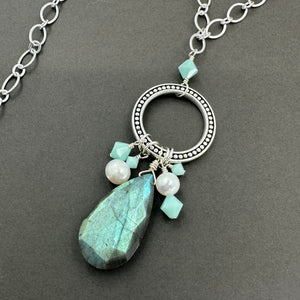 Long Labradorite Necklace with Freshwater Pearls and Mint Alabaster Crystals