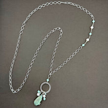 Load image into Gallery viewer, Long Labradorite Necklace with Freshwater Pearls and Mint Alabaster Crystals
