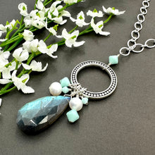 Load image into Gallery viewer, Long Labradorite Necklace with Freshwater Pearls and Mint Alabaster Crystals
