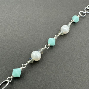 Long Labradorite Necklace with Freshwater Pearls and Mint Alabaster Crystals