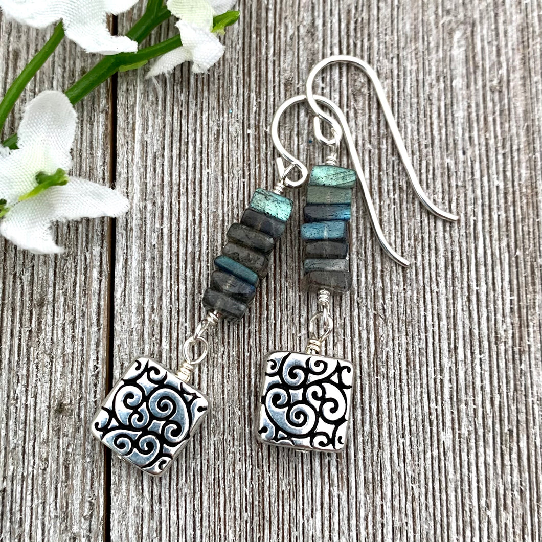 Square Swirl Earrings with Labradorite
