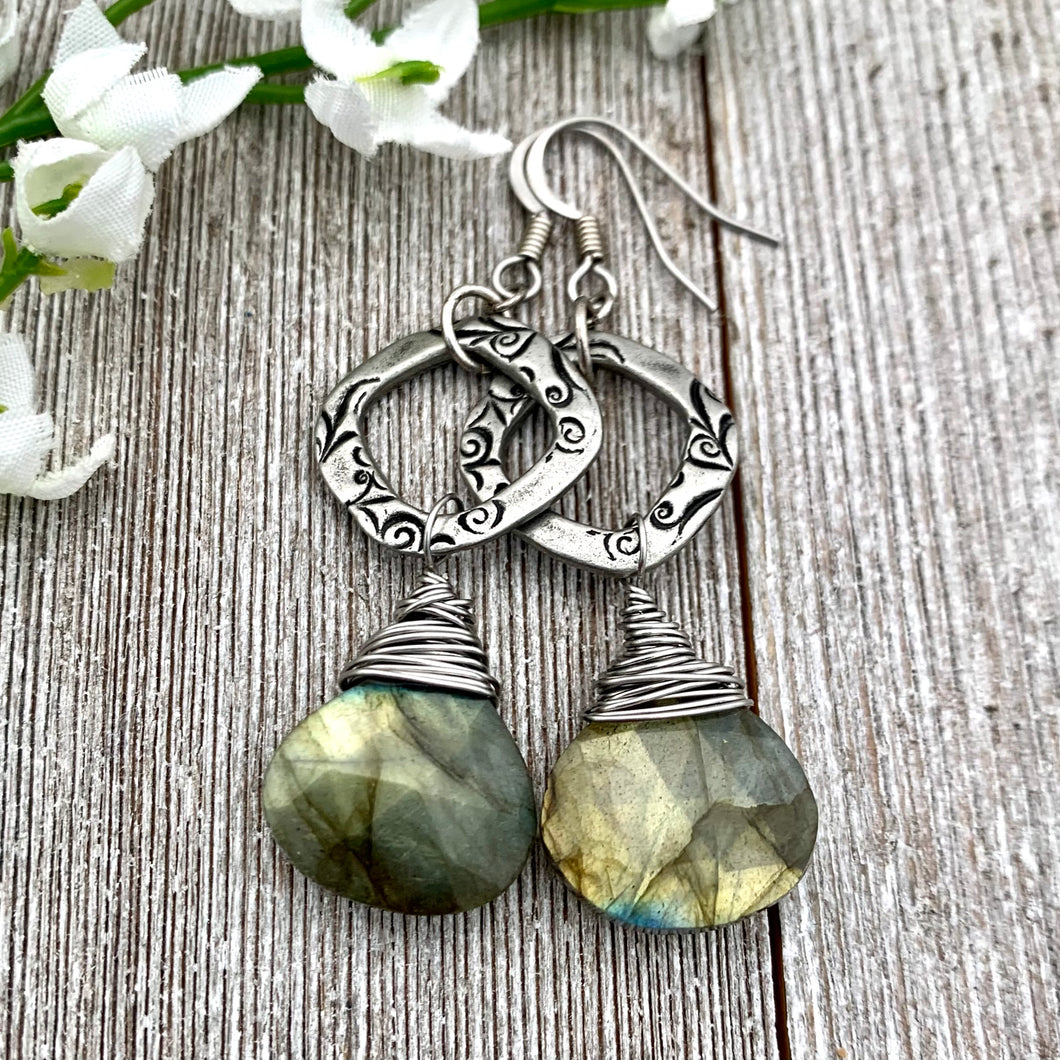 Faceted Labradorite Earrings with Messy Wire Wraps