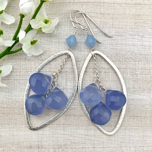 Blue Chalcedony Cluster Earrings in an Oval Frame