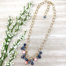 Load image into Gallery viewer, Summer Bloom Cluster Necklace with Blues, Pinks and Matte Gold Chain
