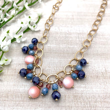 Load image into Gallery viewer, Summer Bloom Cluster Necklace with Blues, Pinks and Matte Gold Chain
