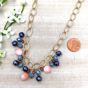 Summer Bloom Cluster Necklace with Blues, Pinks and Matte Gold Chain