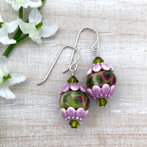 Lilac and Olivine Spring Sterling Silver Earrings
