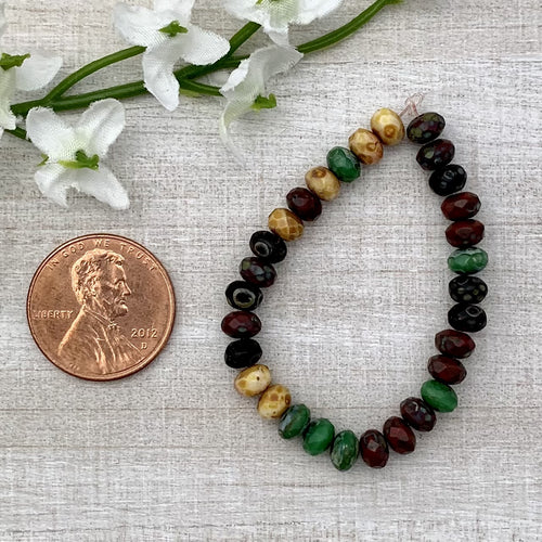 3x5mm Rondelle Mix Of Burnt Umber, Ivory, Black, and Fern with Picasso Finish