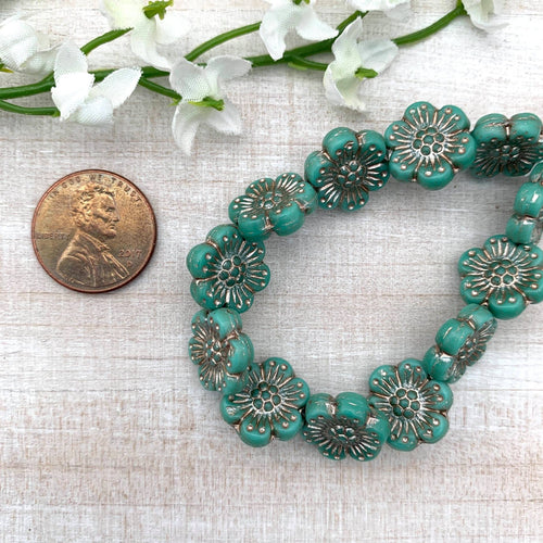14mm Wild Rose Turquoise Opaque with Platinum Wash