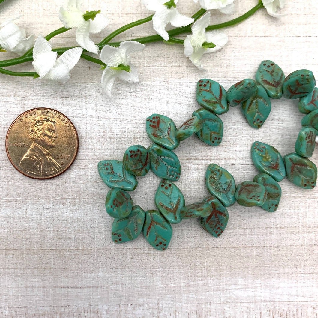 8x12mm Leaf Opaque Turquoise with Picasso Finish