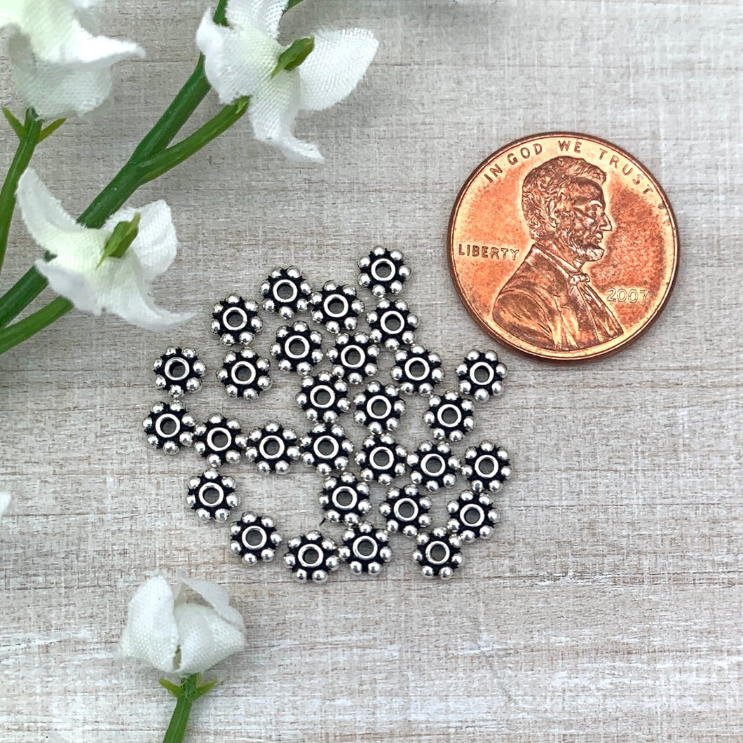 4mm Beaded Daisy Spacer Antiqued Silver - 30 pack