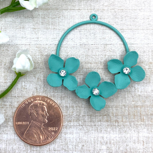 Matte Turquoise Hoop with Flowers and Rhinestones