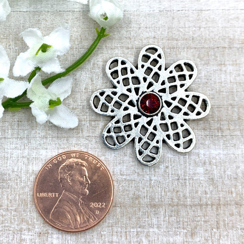 Silver Flower Pendant with Red Rhinestone