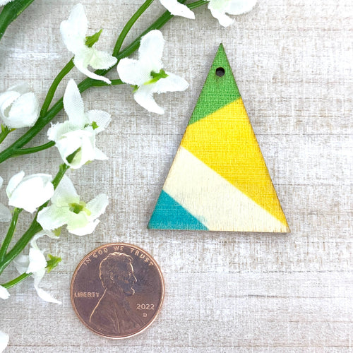 Green, Yellow, Aqua Printed Wood Triangle Pendant