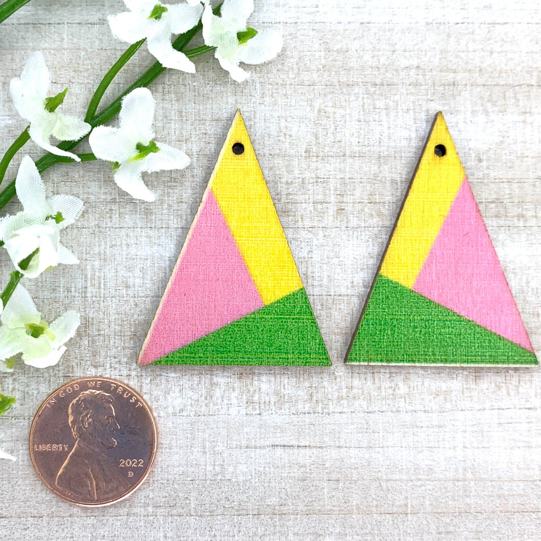 Green, Yellow, Pink Printed Wood Triangle Pendant Pair