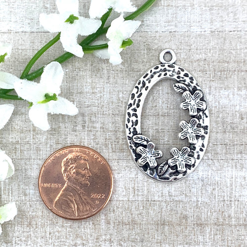 Antique Silver Oval with Flowers Pendant