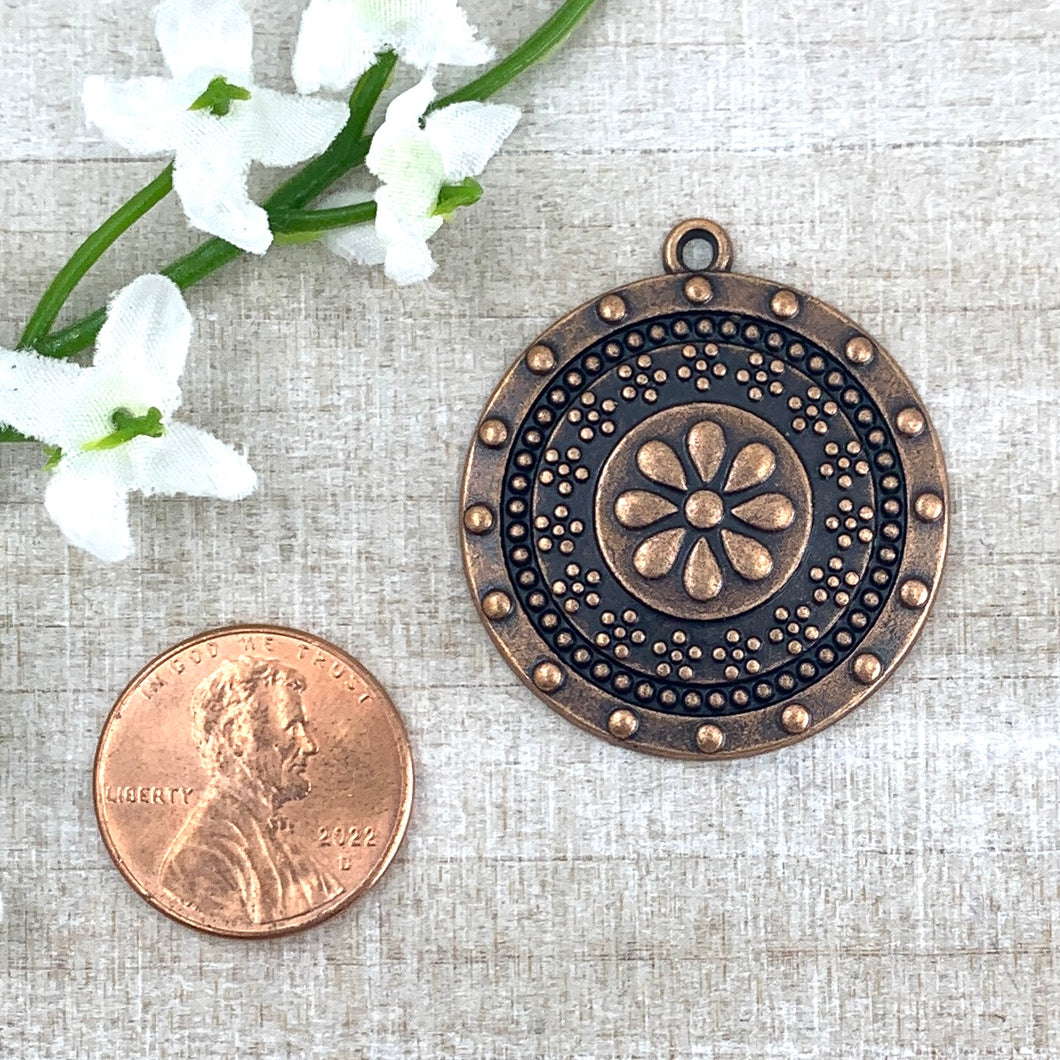 Antique Copper Dot and Flower Patterned Pendant