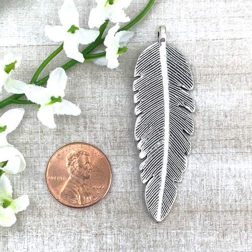 Antique Silver Large Feather Pendant
