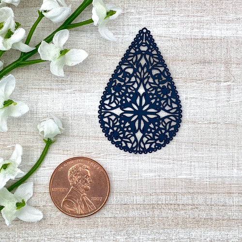 Marine Blue Colored Flower Filigree Teardrop Charm