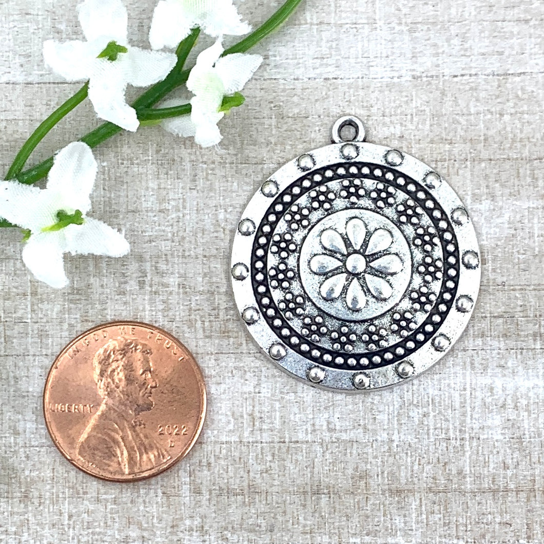 Antique Silver Dot and Flower Patterned Pendant