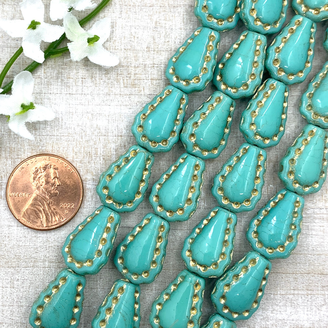 Opaque Turquoise with Gold Wash 12x17mm Fancy Teardrop