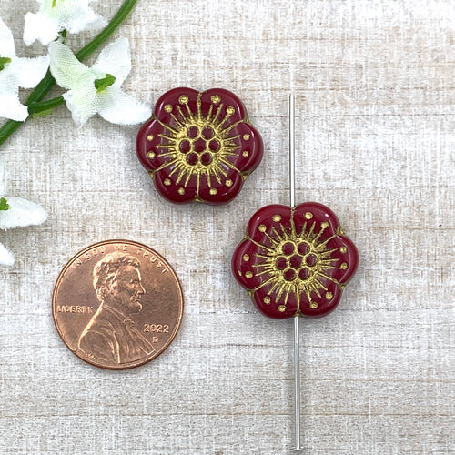 Opaque Ruby Red with Gold Wash 18mm Wild Rose Pair