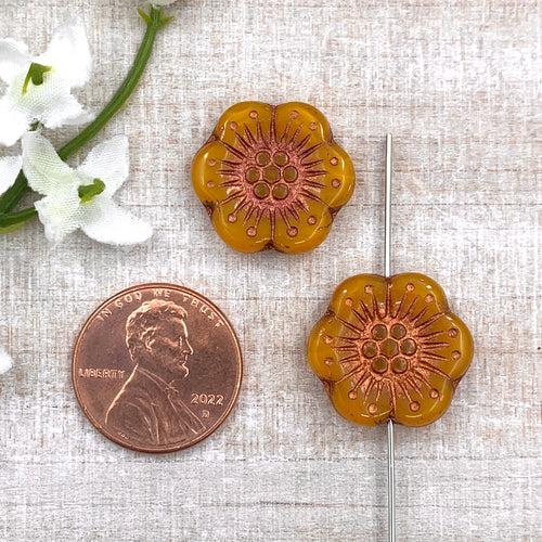 Sunflower Yellow Opal with Bronze Wash 18mm Wild Rose Pair