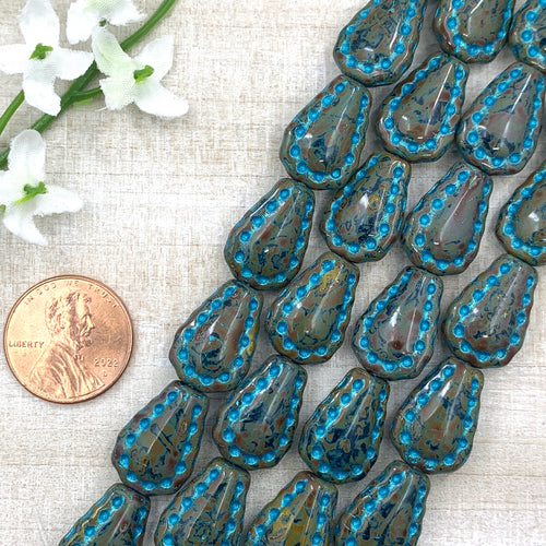 Transparent Aegean Blue with Travertine and Turquoise Wash 12x17mm Fancy Teardrop