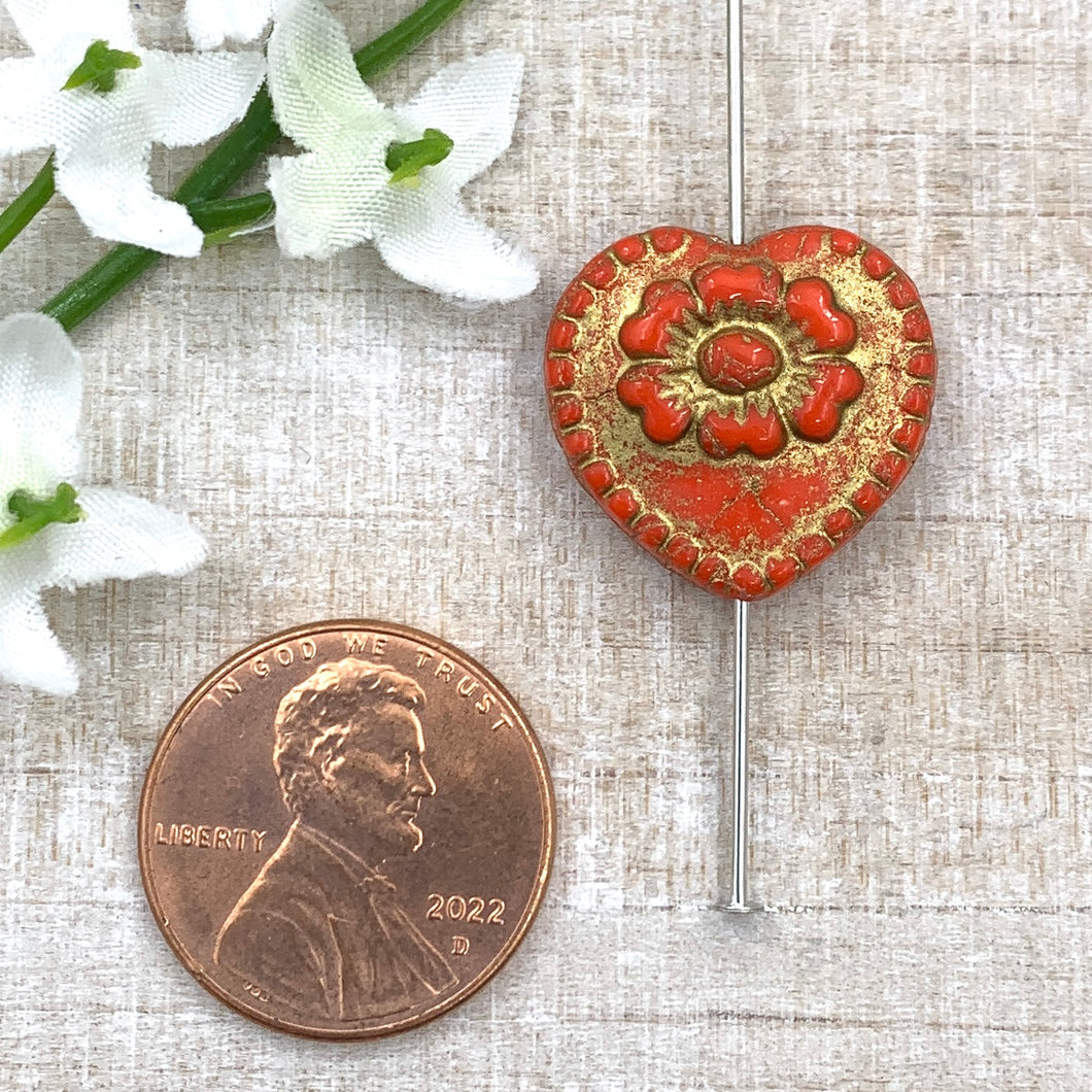 17mm Opaque Red Orange Heart with Gold Wash