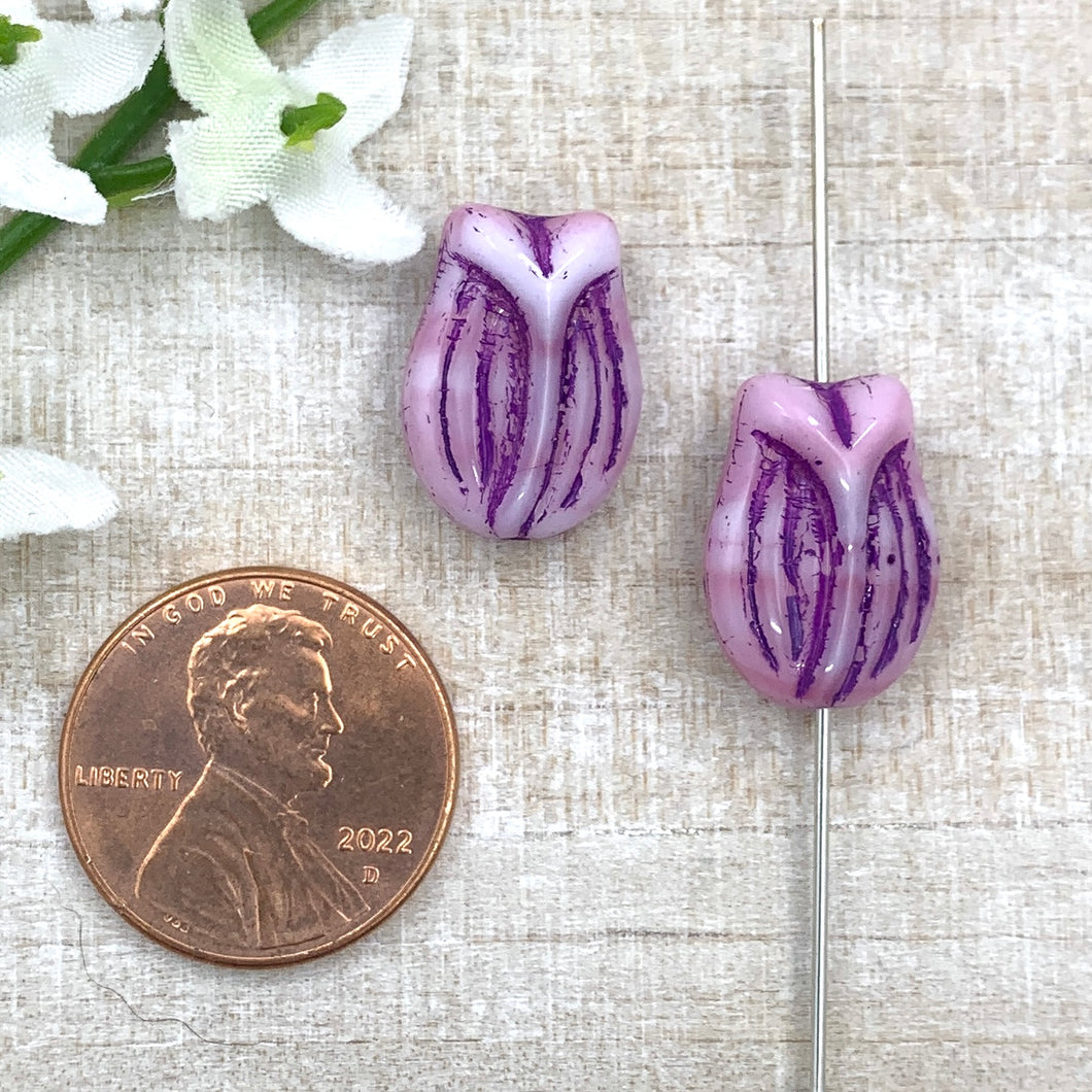 Opaque Pink and White with Purple Wash 11x16mm Tulip Pair