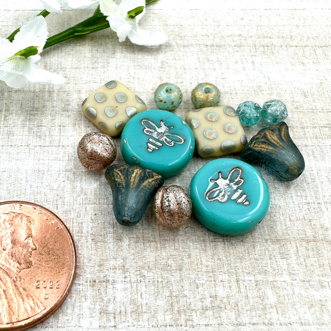 Cream and Teal Czech Glass Pairs