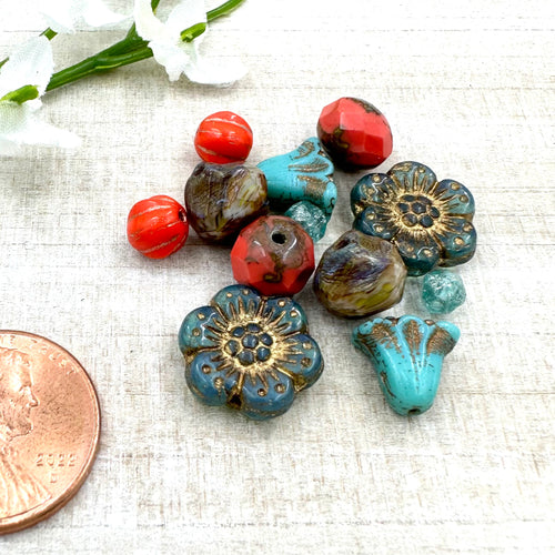 Turquoise and Coral Czech Glass Pairs