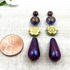 Purple and Gold Czech Glass Earring Pairs