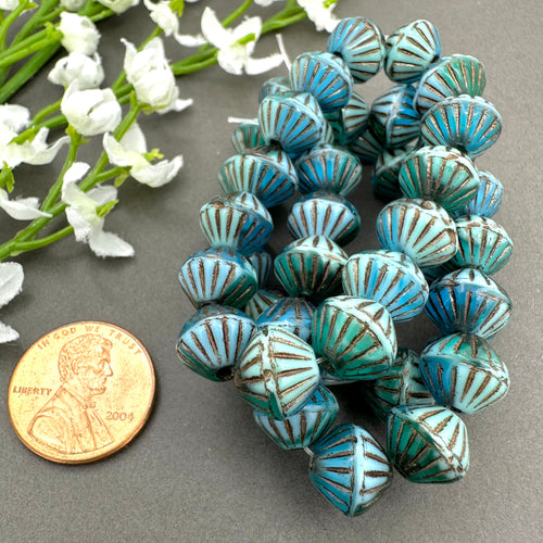 9mm Tribal Bicone Sky Blue, Teal, and Emerald with a Bronze Finish