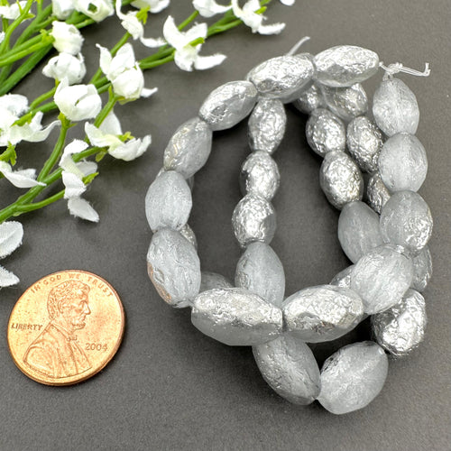 12x8mm Faceted Oval Grey with Etched and Silver Finishes