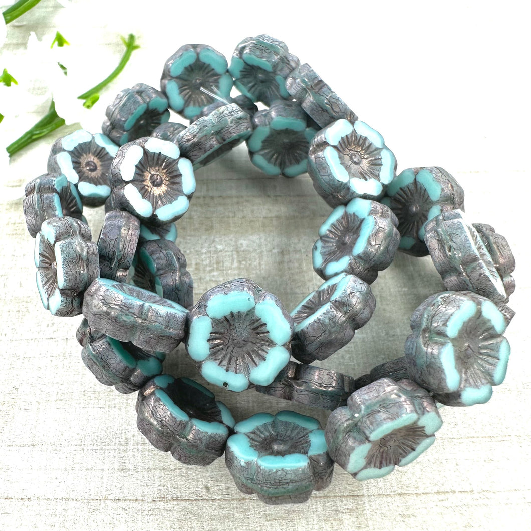 12mm Hibiscus Flower Turquoise with Purple Bronze Finish