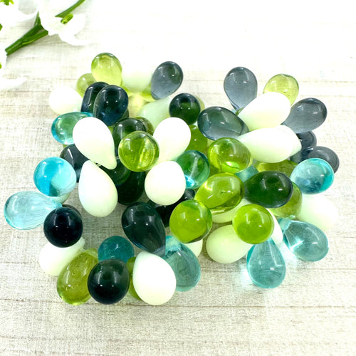 6x9mm Drop Mix Of Cadet Blue, Medium Sky Blue, Green Apple, and White Opalite