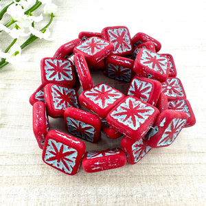 14mm Compass Square Beads Red with a Light Turquoise Wash